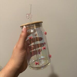 Dark Pink Bow Glass Tumbler with Bamboo Lid and Glass Straw